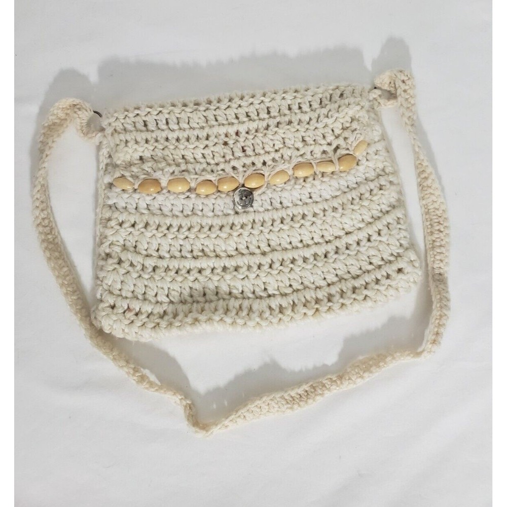 Vintage VTG Handmade Medium Cream Crocheted Wood Beaded Purse Bohemian Style Bag